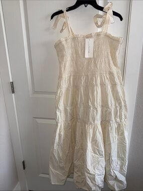 Cream Smocked Tiered Maxi Dress with Tie Straps